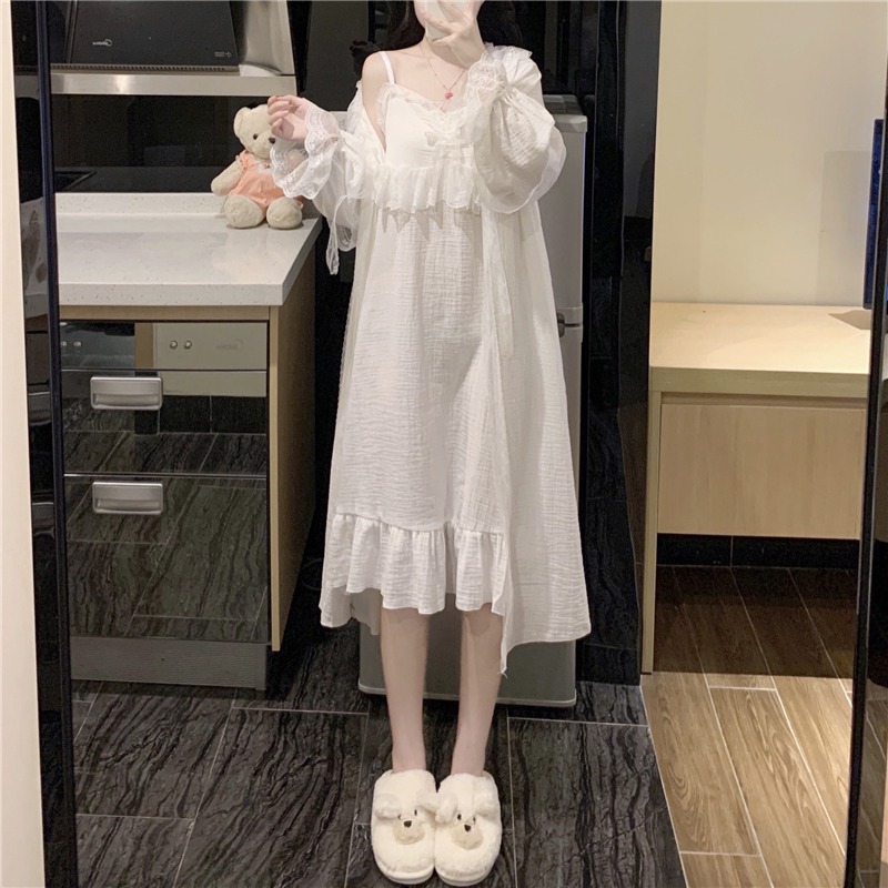 宮廷風甜美吊帶睡裙仙女公主長袖睡袍兩件套裝純欲家居衣服春秋款-細節圖8