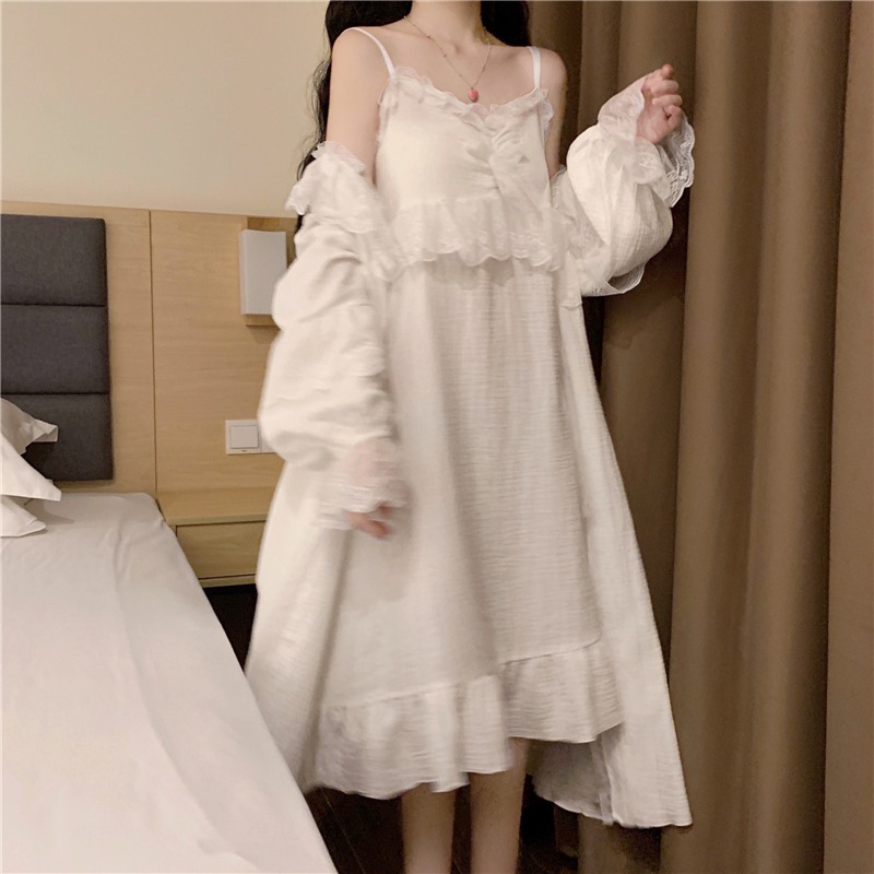 宮廷風甜美吊帶睡裙仙女公主長袖睡袍兩件套裝純欲家居衣服春秋款-細節圖10