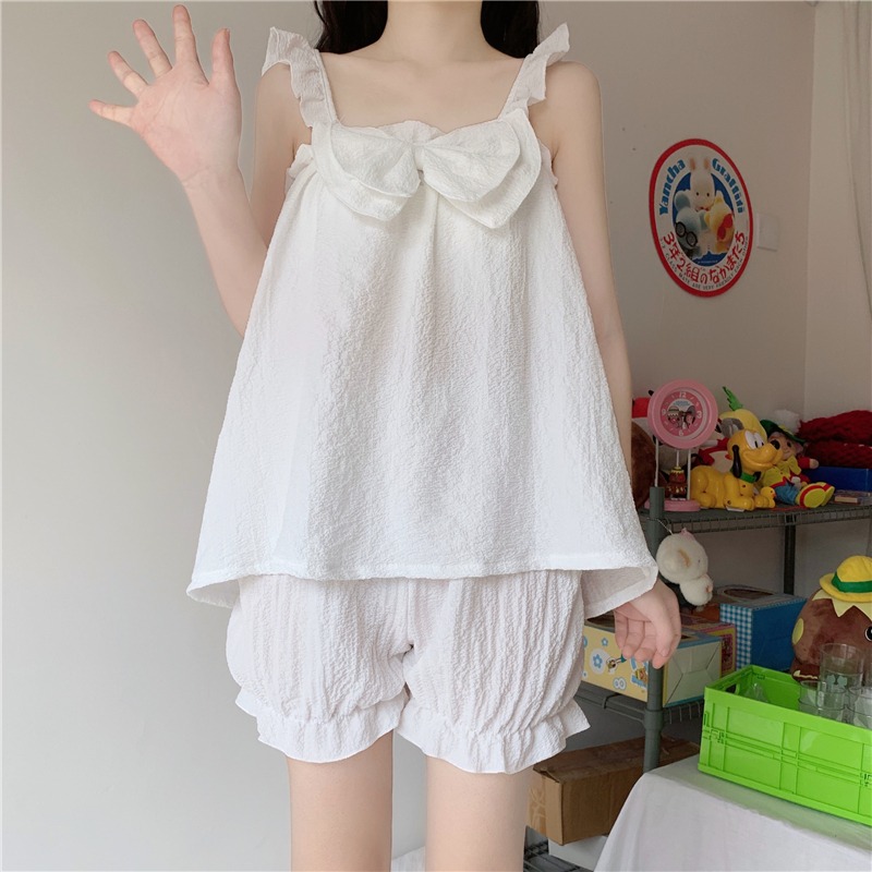 小個子蝴蝶結吊帶睡衣短褲兩件套裝女夏純欲風可愛學生家居服-細節圖2