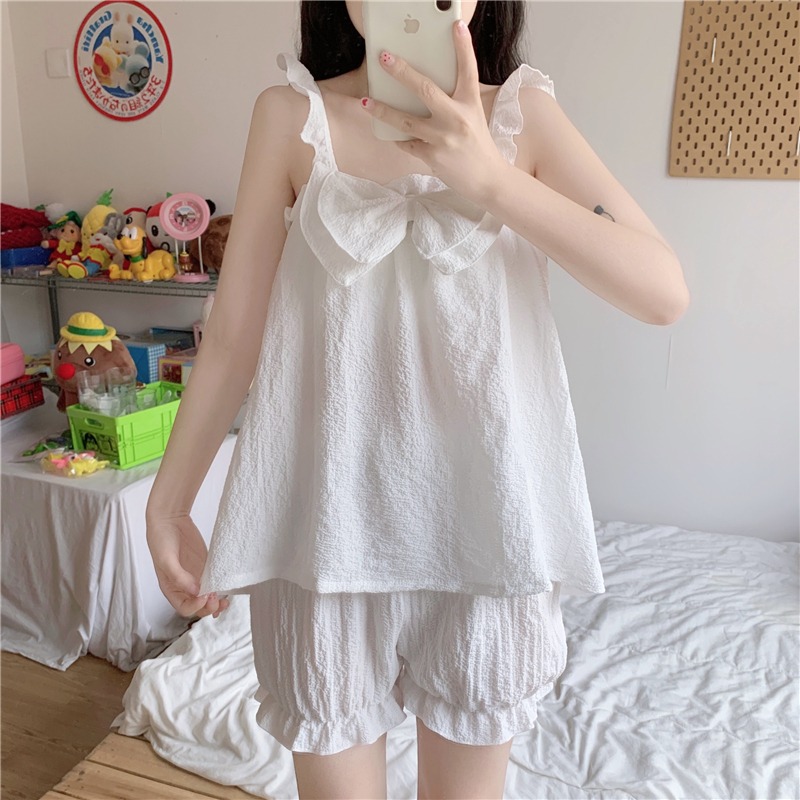 小個子蝴蝶結吊帶睡衣短褲兩件套裝女夏純欲風可愛學生家居服-細節圖7