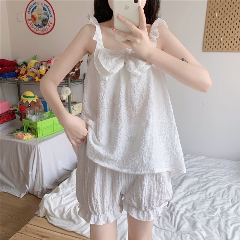 小個子蝴蝶結吊帶睡衣短褲兩件套裝女夏純欲風可愛學生家居服-細節圖8