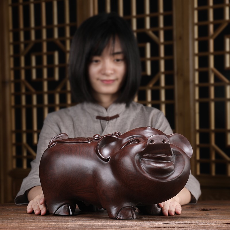 生肖豬擺件招財臥室客廳辦公室桌面實木雕刻可愛創意小裝飾工藝品-細節圖2