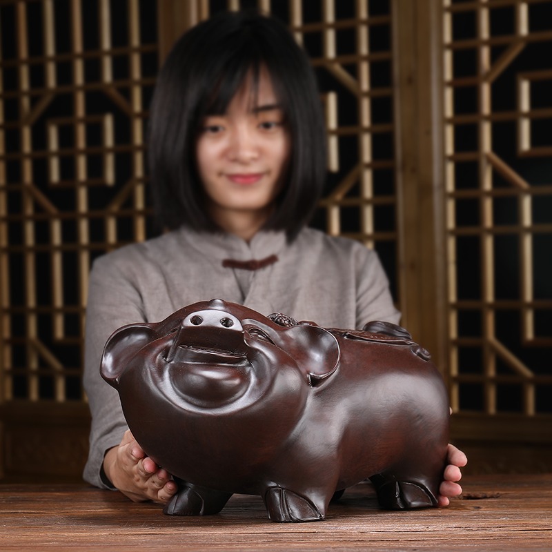 生肖豬擺件招財臥室客廳辦公室桌面實木雕刻可愛創意小裝飾工藝品-細節圖3