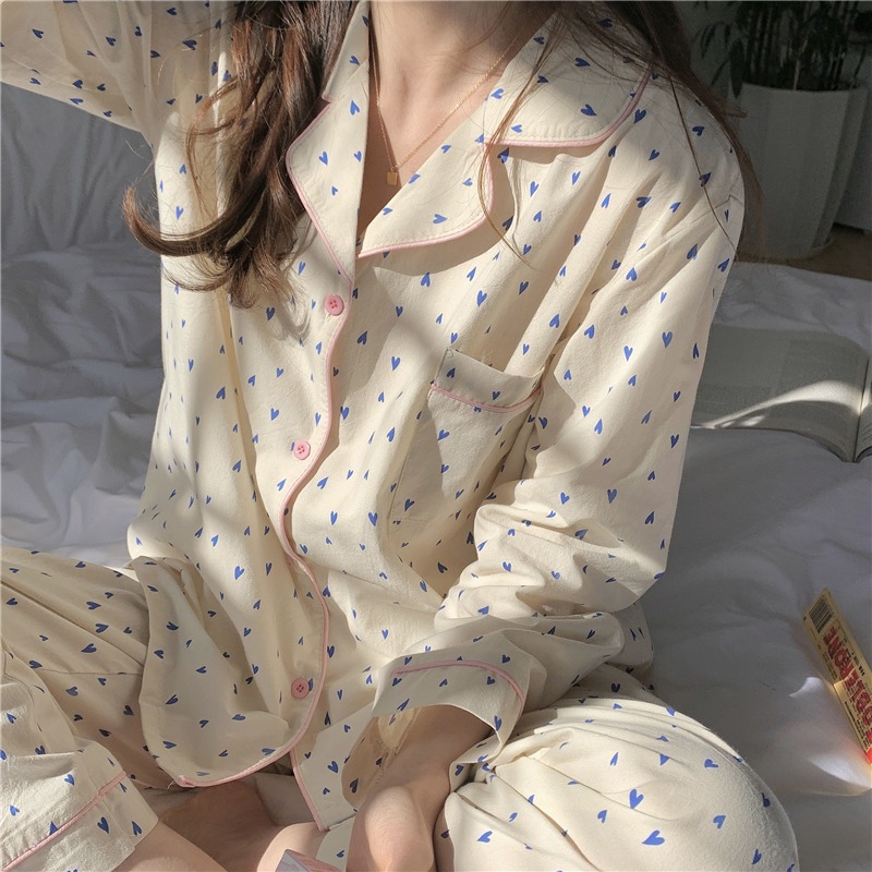 純棉愛心印花長袖睡衣女春秋款ins風可外穿家居服兩件套寬松韓版-細節圖3