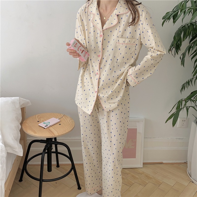 純棉愛心印花長袖睡衣女春秋款ins風可外穿家居服兩件套寬松韓版-細節圖4
