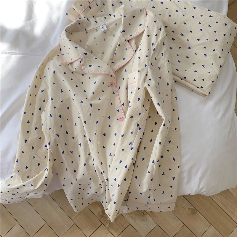 純棉愛心印花長袖睡衣女春秋款ins風可外穿家居服兩件套寬松韓版-細節圖5