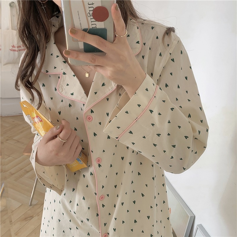 純棉愛心印花長袖睡衣女春秋款ins風可外穿家居服兩件套寬松韓版-細節圖6