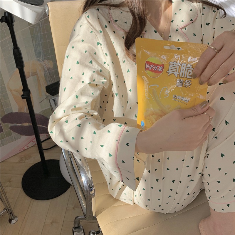 純棉愛心印花長袖睡衣女春秋款ins風可外穿家居服兩件套寬松韓版-細節圖8