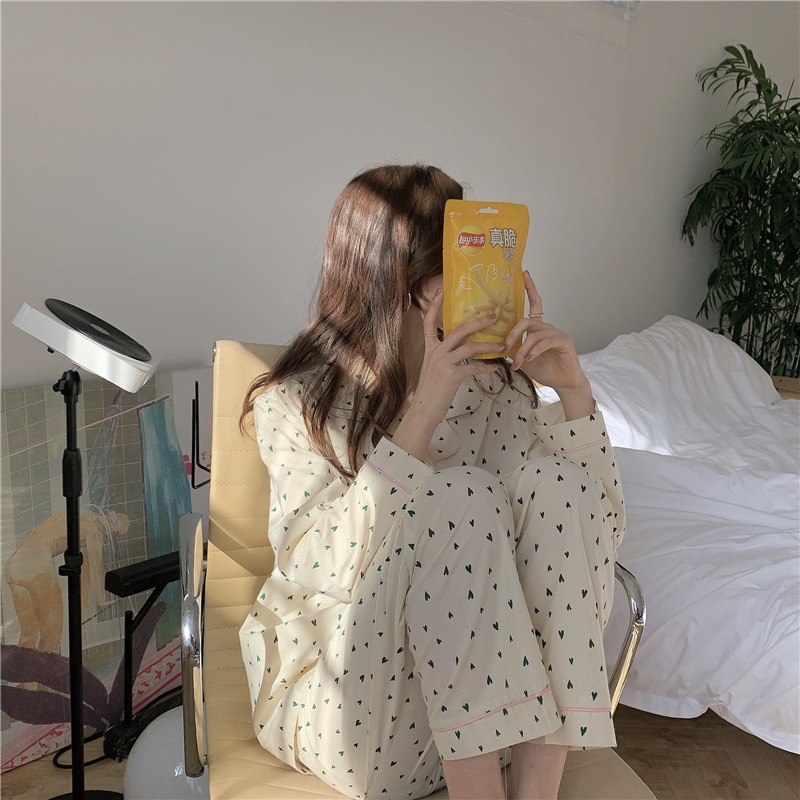 純棉愛心印花長袖睡衣女春秋款ins風可外穿家居服兩件套寬松韓版-細節圖9