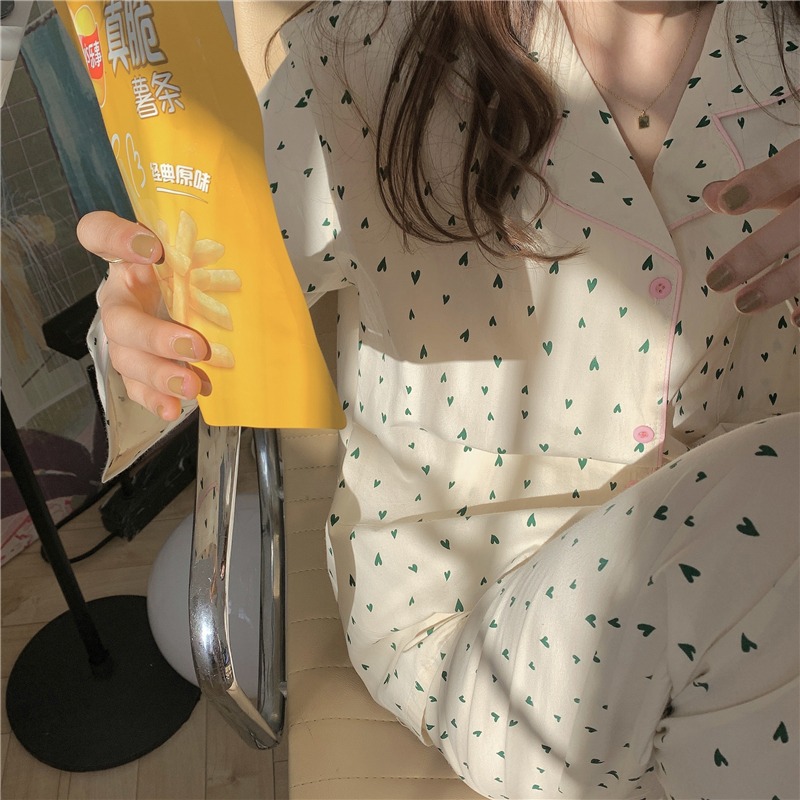 純棉愛心印花長袖睡衣女春秋款ins風可外穿家居服兩件套寬松韓版-細節圖10