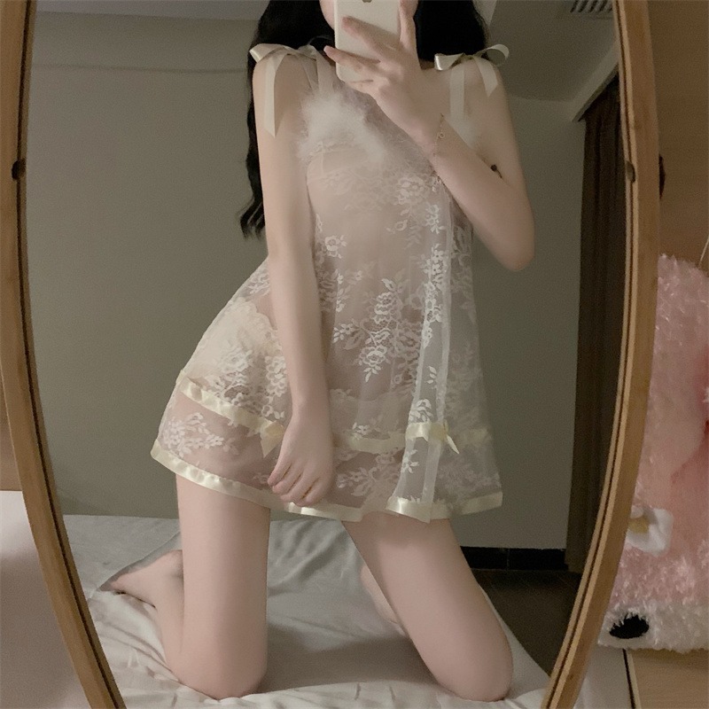 性感毛領吊帶睡裙女夏年新款ins風可愛刺繡純欲微透視家居服-細節圖8
