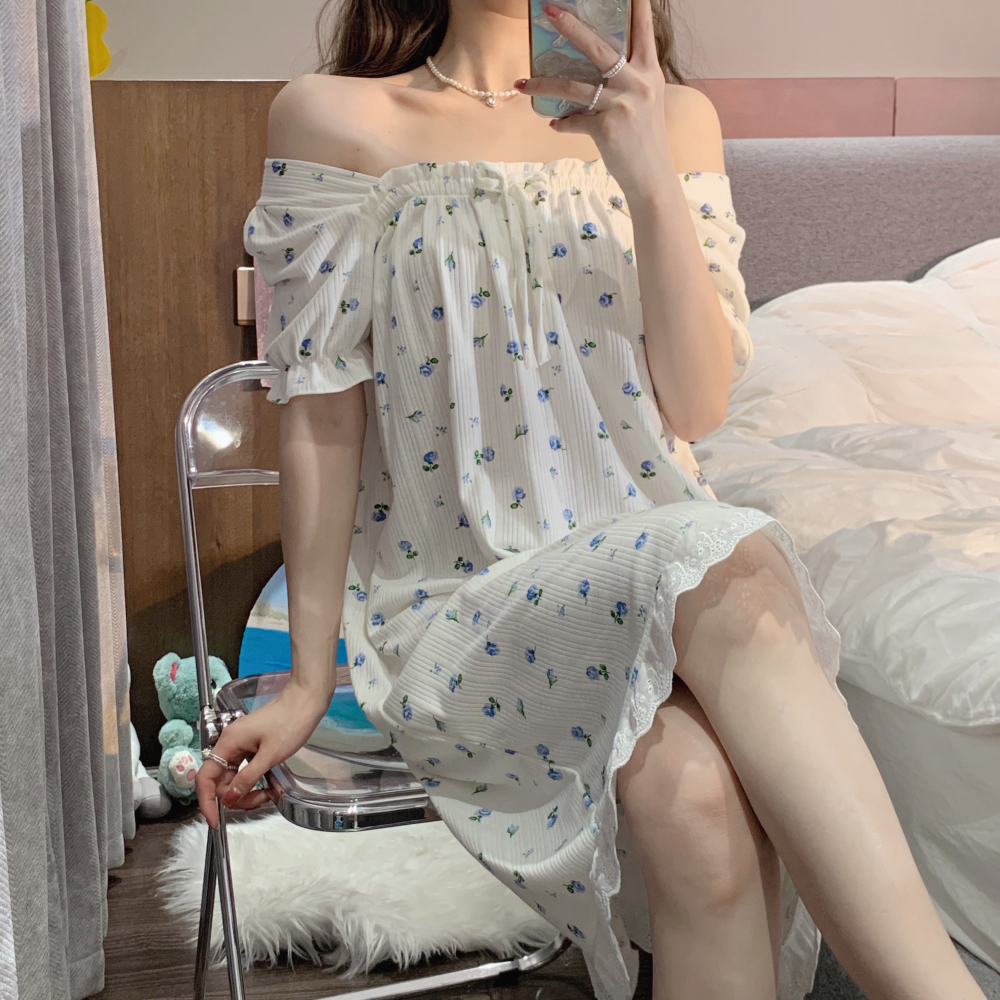 碎花方領短袖睡裙女夏季ins風年新款可外穿蕾絲花邊家居衣服-細節圖3