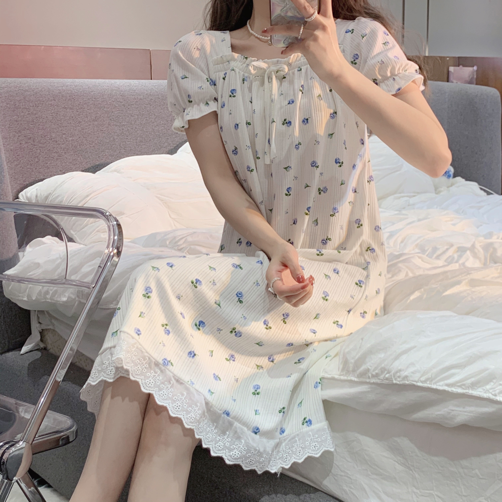 碎花方領短袖睡裙女夏季ins風年新款可外穿蕾絲花邊家居衣服-細節圖4
