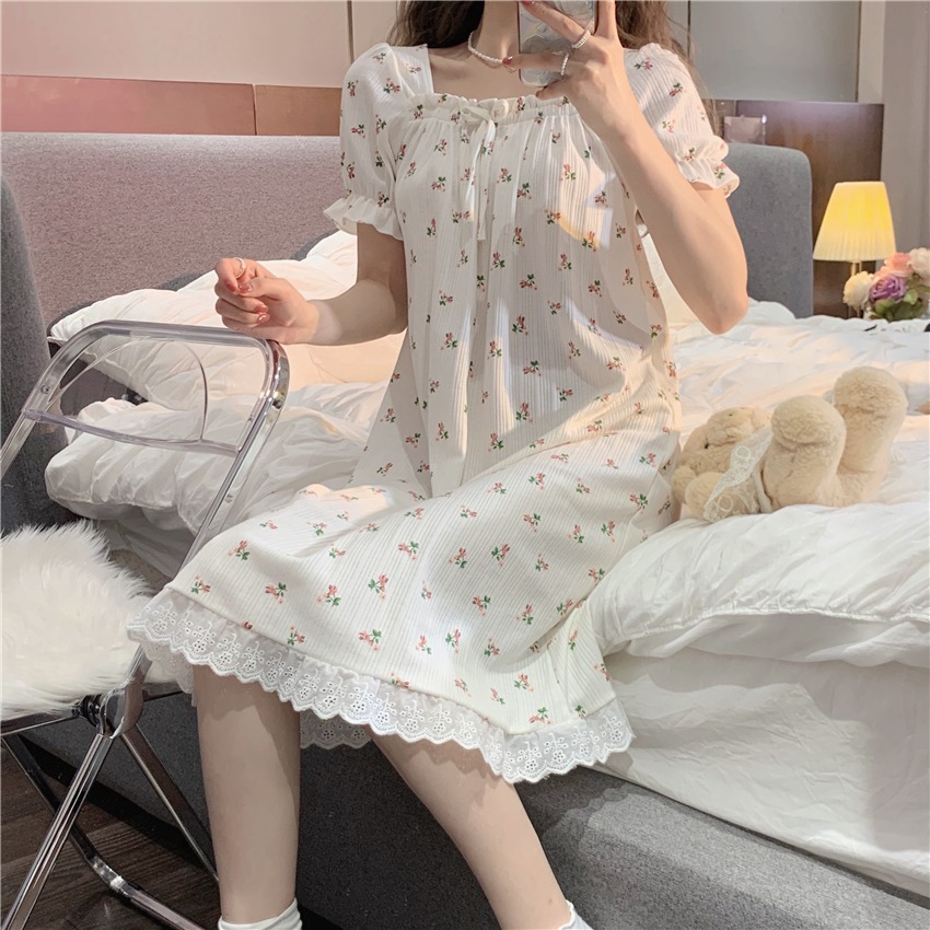 碎花方領短袖睡裙女夏季ins風年新款可外穿蕾絲花邊家居衣服-細節圖7
