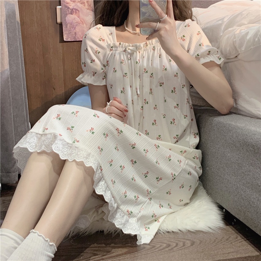 碎花方領短袖睡裙女夏季ins風年新款可外穿蕾絲花邊家居衣服-細節圖8