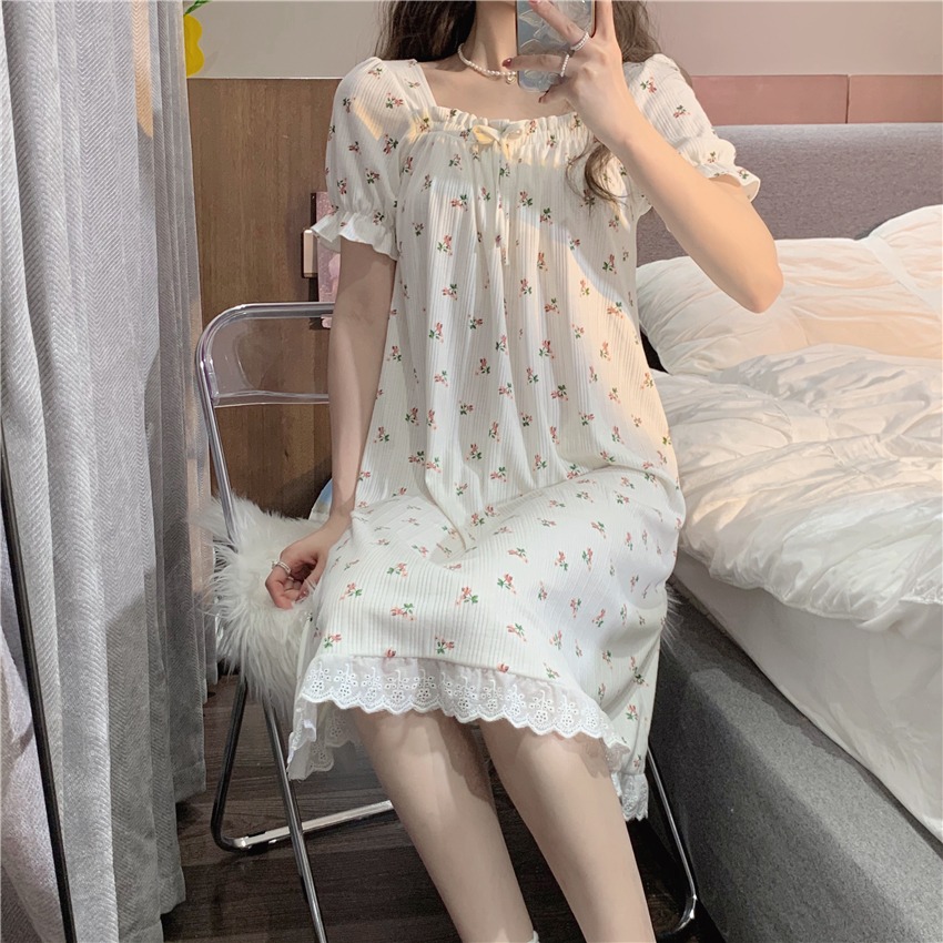 碎花方領短袖睡裙女夏季ins風年新款可外穿蕾絲花邊家居衣服-細節圖10