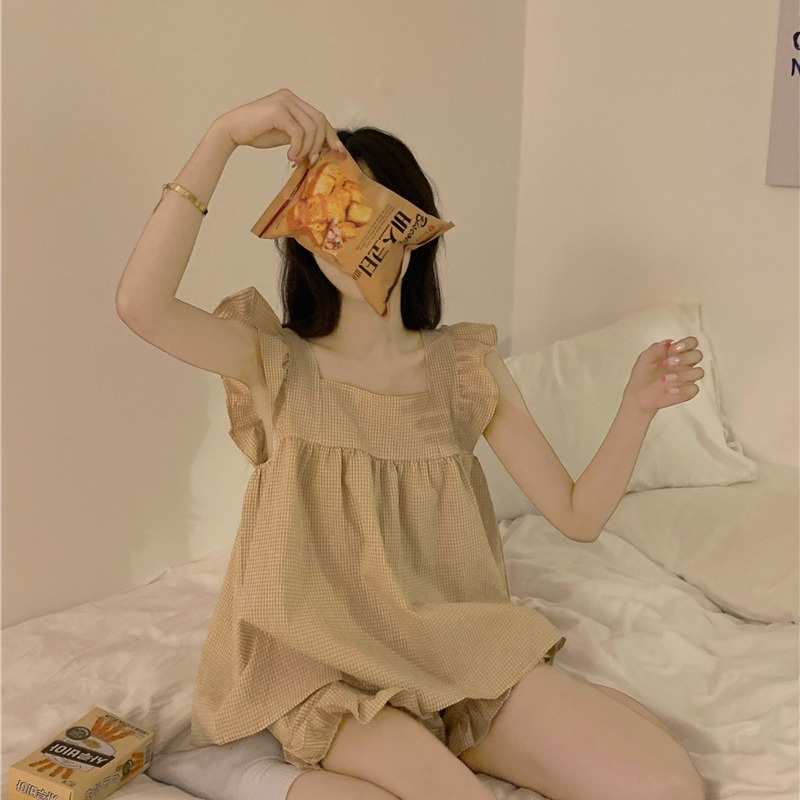 可愛荷葉邊吊帶睡衣短褲兩件套裝女夏季ins風學生外穿純欲家居服-細節圖3