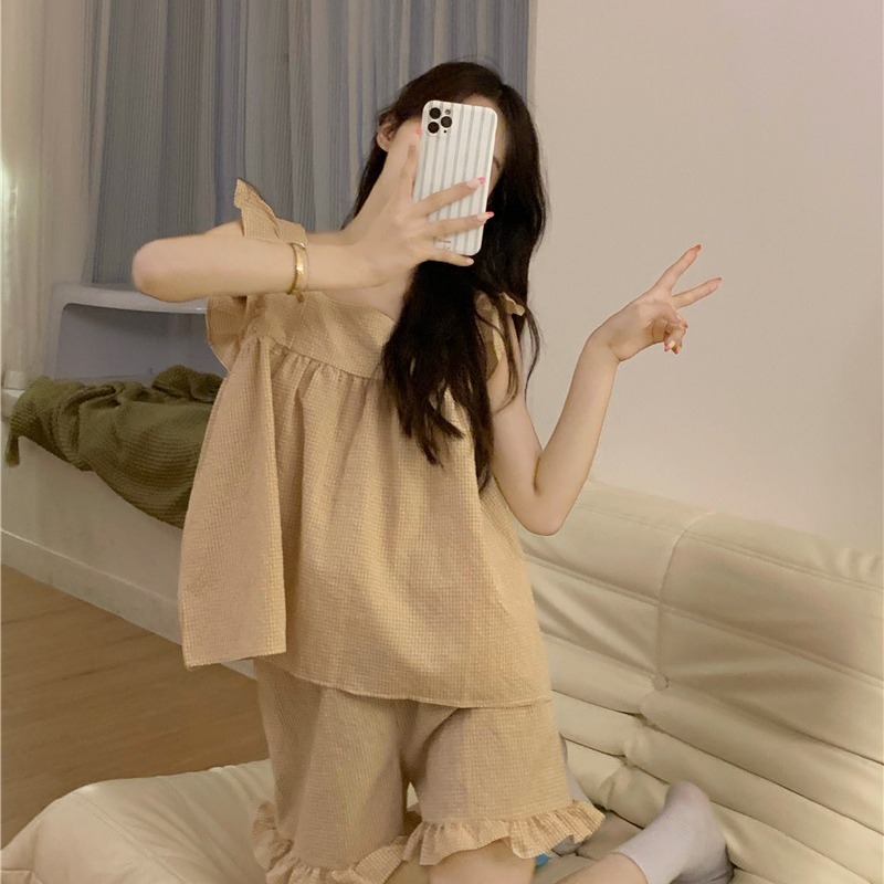 可愛荷葉邊吊帶睡衣短褲兩件套裝女夏季ins風學生外穿純欲家居服-細節圖5