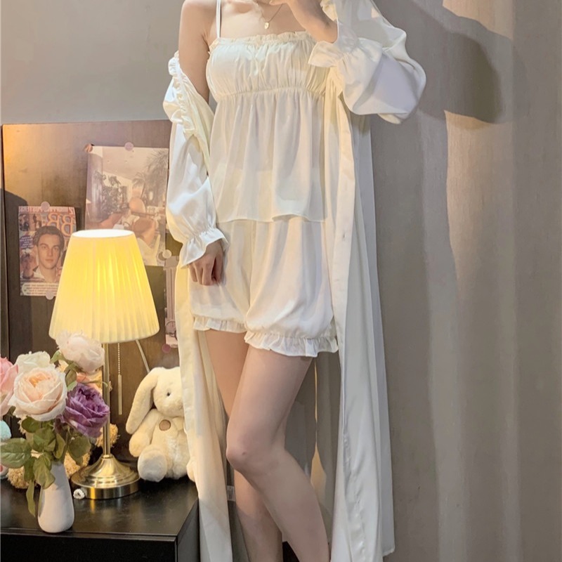 冰絲吊帶睡衣短褲三件套裝女純欲風夏季年新款睡袍家居服套裝-細節圖2