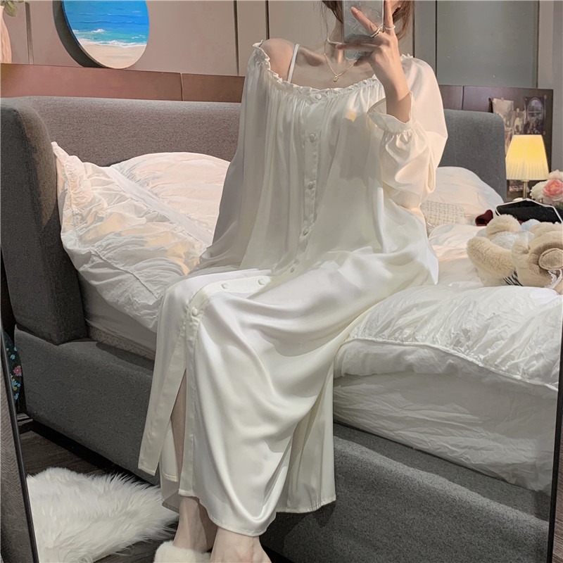 冰絲吊帶睡衣短褲三件套裝女純欲風夏季年新款睡袍家居服套裝-細節圖4