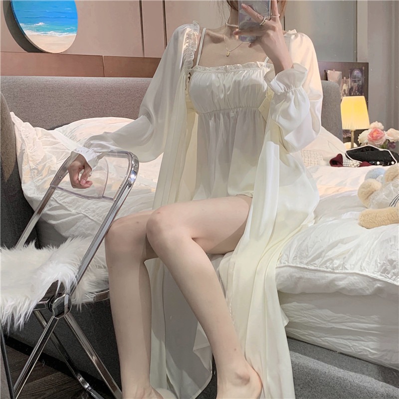 冰絲吊帶睡衣短褲三件套裝女純欲風夏季年新款睡袍家居服套裝-細節圖9