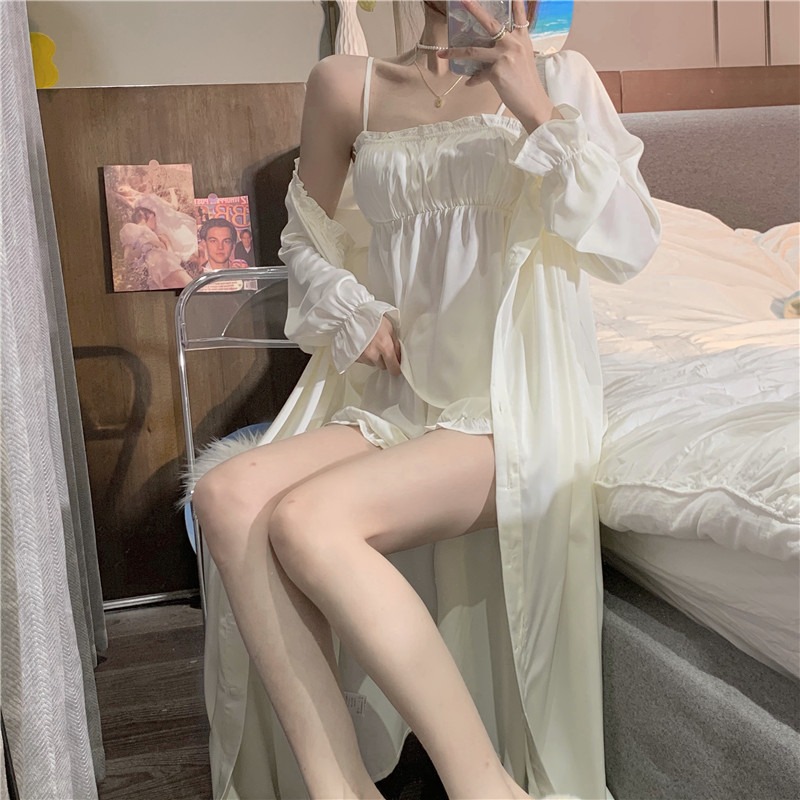 冰絲吊帶睡衣短褲三件套裝女純欲風夏季年新款睡袍家居服套裝-細節圖10