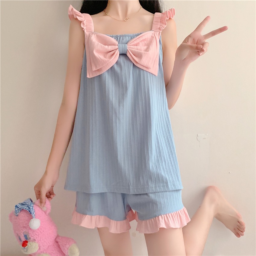 小個子蝴蝶結吊帶睡衣女夏季年新款ins風短褲純欲家居服套裝-細節圖2