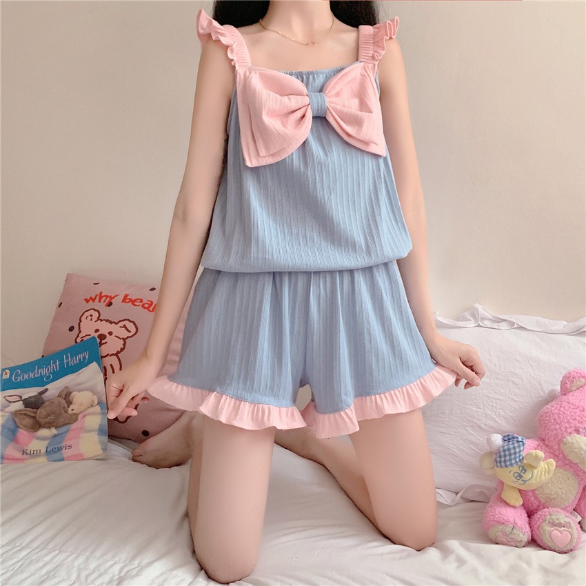 小個子蝴蝶結吊帶睡衣女夏季年新款ins風短褲純欲家居服套裝-細節圖3