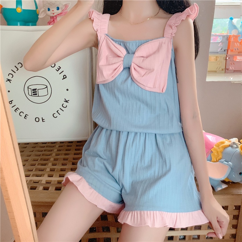 小個子蝴蝶結吊帶睡衣女夏季年新款ins風短褲純欲家居服套裝-細節圖5