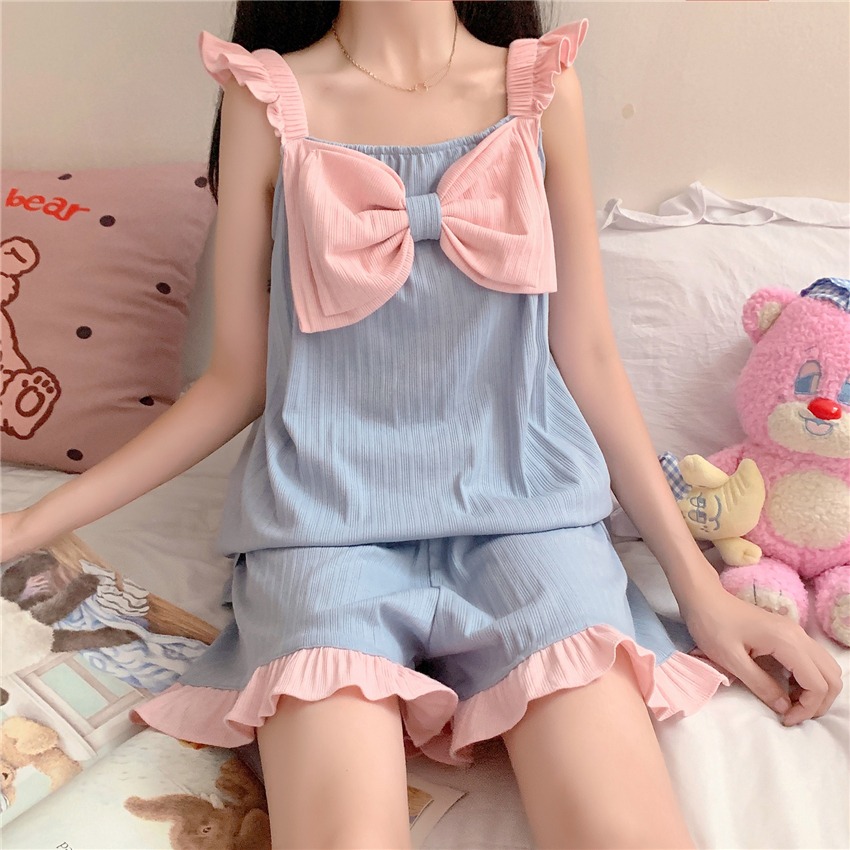 小個子蝴蝶結吊帶睡衣女夏季年新款ins風短褲純欲家居服套裝-細節圖7