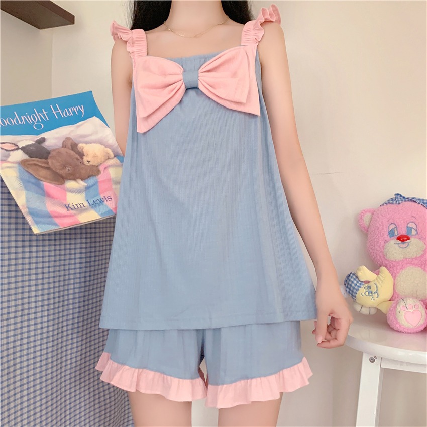 小個子蝴蝶結吊帶睡衣女夏季年新款ins風短褲純欲家居服套裝-細節圖10