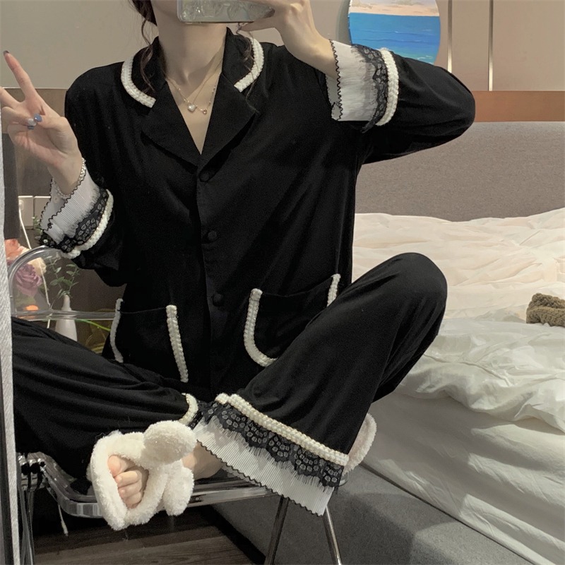 蕾絲邊v領睡衣女春秋ins風年新款可外穿高級感長袖家居服套裝-細節圖2
