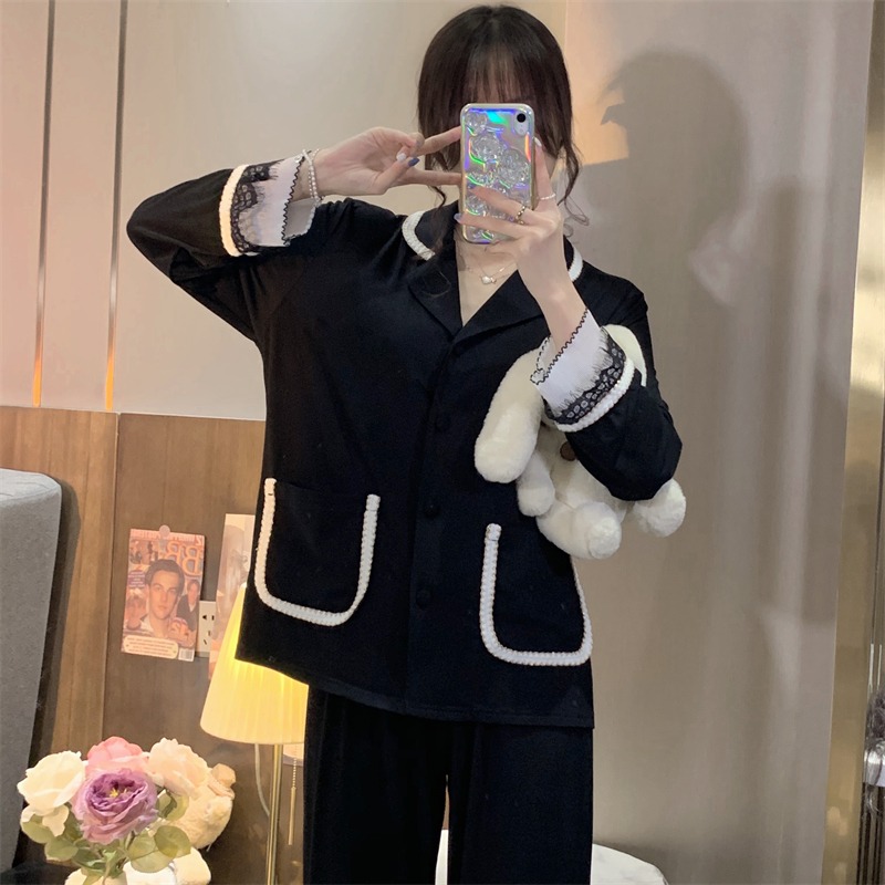蕾絲邊v領睡衣女春秋ins風年新款可外穿高級感長袖家居服套裝-細節圖3