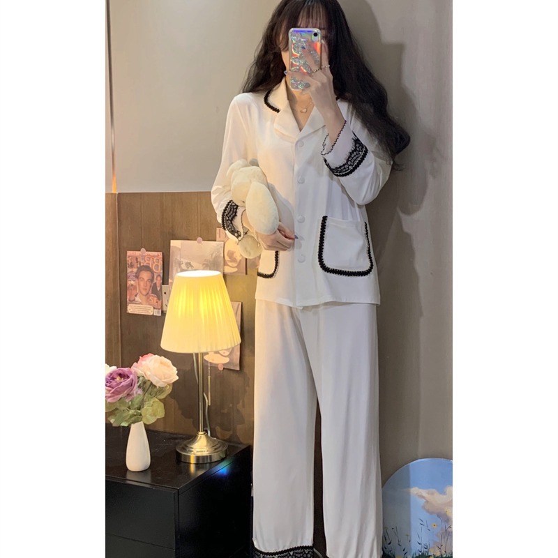 蕾絲邊v領睡衣女春秋ins風年新款可外穿高級感長袖家居服套裝-細節圖4
