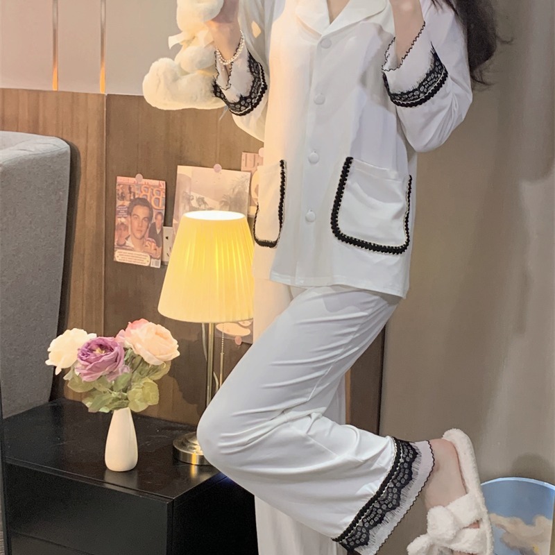 蕾絲邊v領睡衣女春秋ins風年新款可外穿高級感長袖家居服套裝-細節圖5