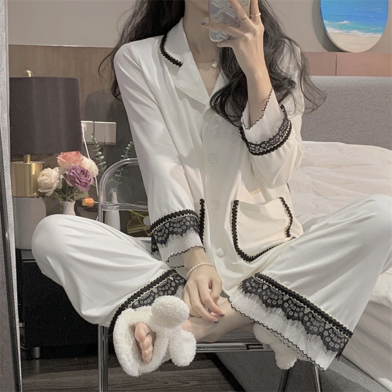 蕾絲邊v領睡衣女春秋ins風年新款可外穿高級感長袖家居服套裝-細節圖7