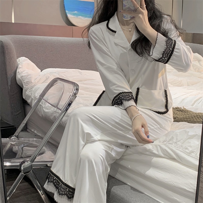 蕾絲邊v領睡衣女春秋ins風年新款可外穿高級感長袖家居服套裝-細節圖8