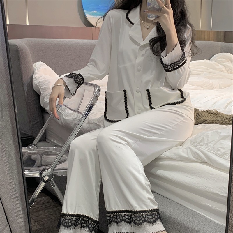 蕾絲邊v領睡衣女春秋ins風年新款可外穿高級感長袖家居服套裝-細節圖9