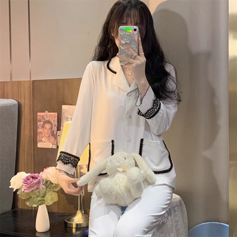 蕾絲邊v領睡衣女春秋ins風年新款可外穿高級感長袖家居服套裝-細節圖10