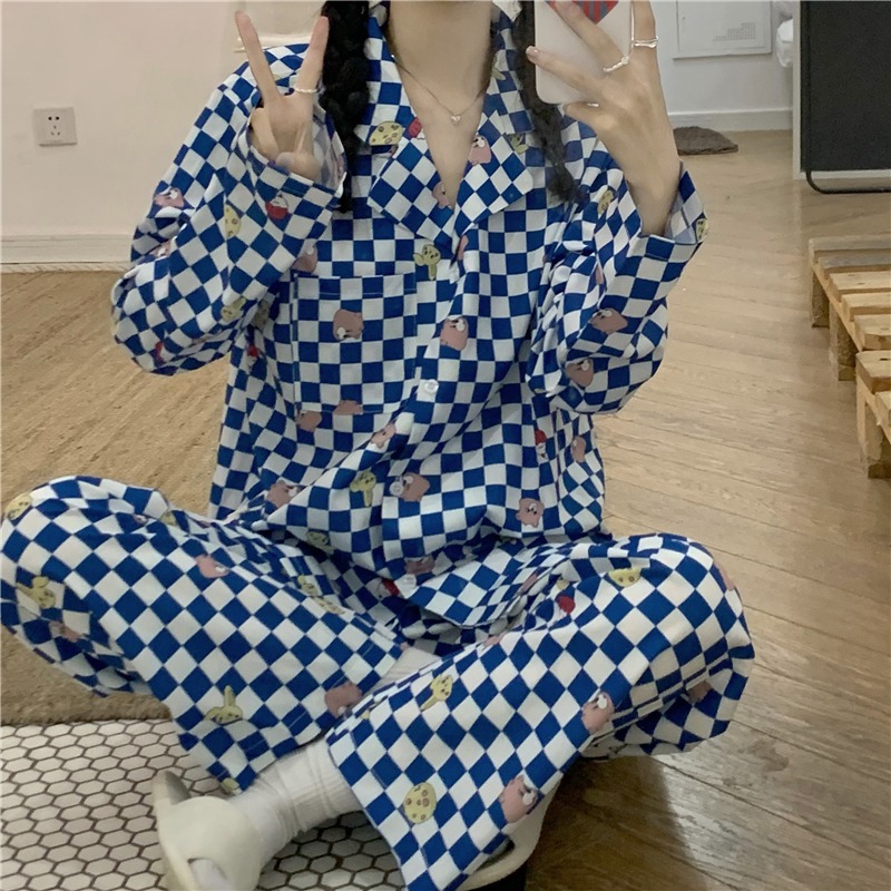 棋盤格子長袖睡衣春秋款女ins風卡通印花家居服兩件套裝寬松韓版-細節圖2