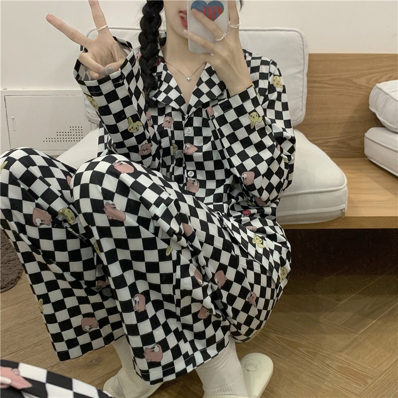 棋盤格子長袖睡衣春秋款女ins風卡通印花家居服兩件套裝寬松韓版-細節圖5
