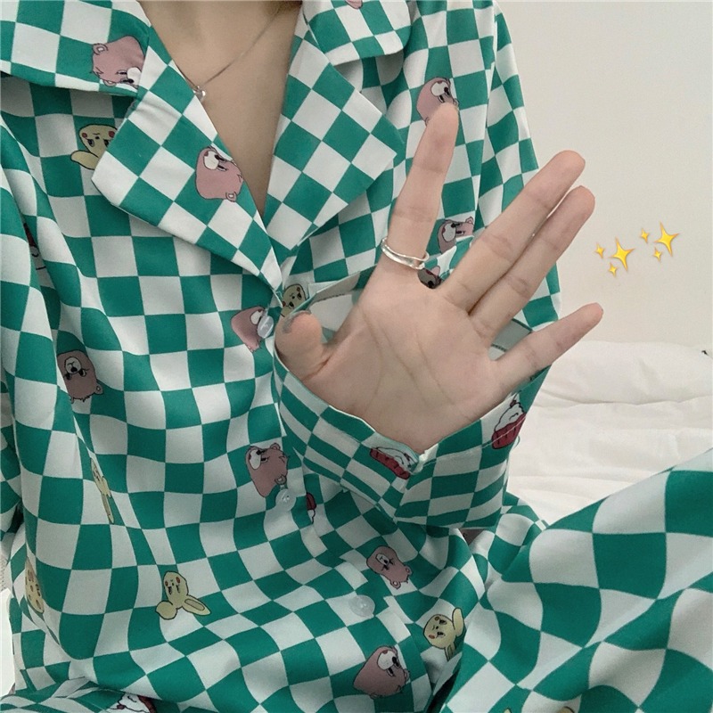 棋盤格子長袖睡衣春秋款女ins風卡通印花家居服兩件套裝寬松韓版-細節圖7