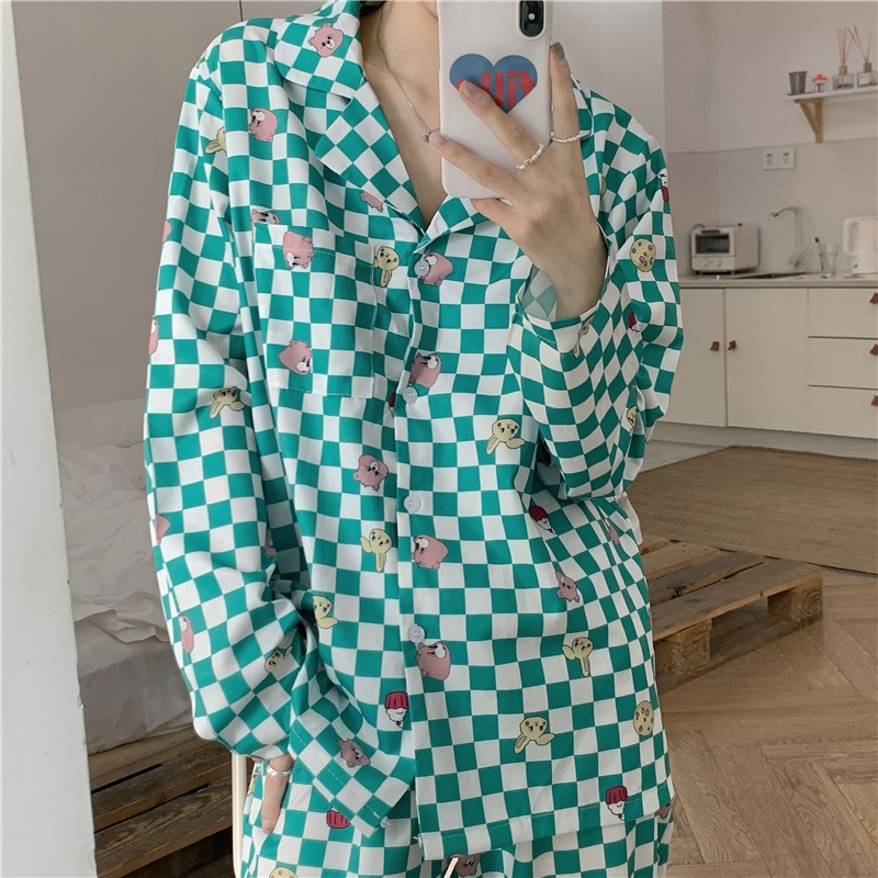 棋盤格子長袖睡衣春秋款女ins風卡通印花家居服兩件套裝寬松韓版-細節圖8