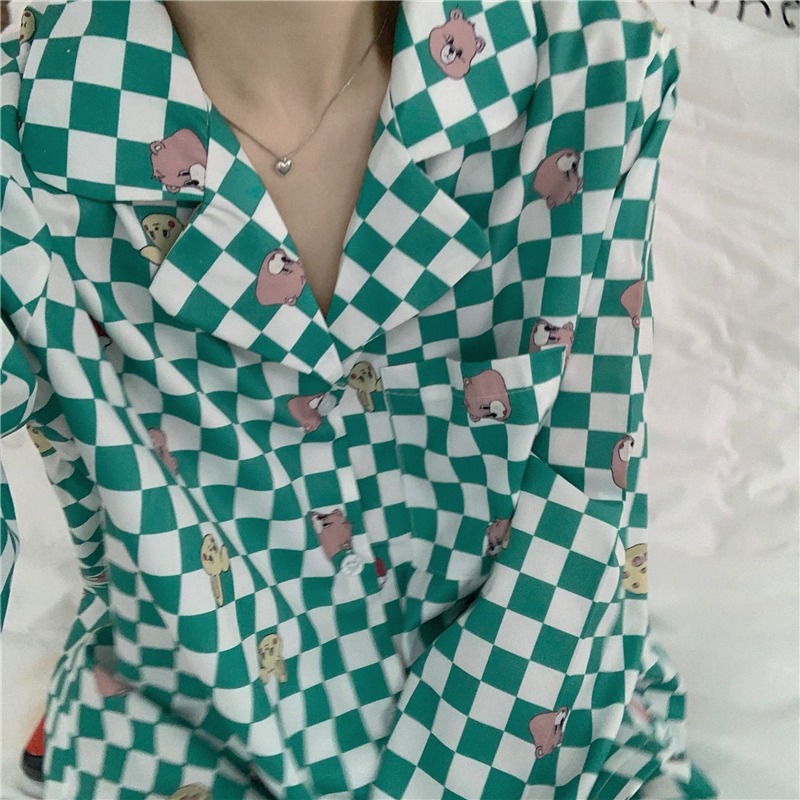 棋盤格子長袖睡衣春秋款女ins風卡通印花家居服兩件套裝寬松韓版-細節圖9