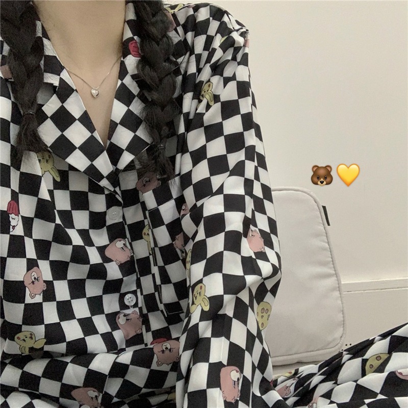 棋盤格子長袖睡衣春秋款女ins風卡通印花家居服兩件套裝寬松韓版-細節圖10