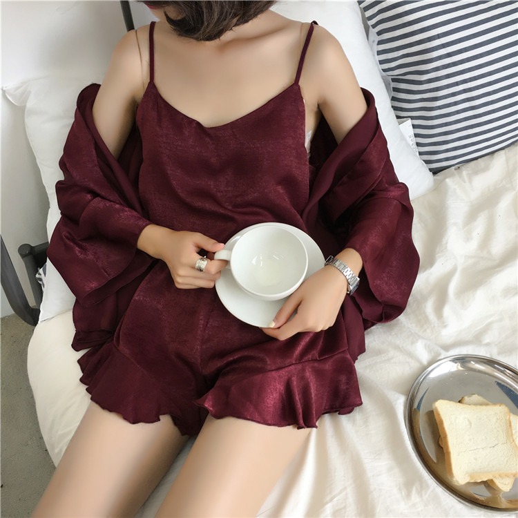 純欲風荷葉邊吊帶睡衣三件套裝女ins可外穿寬松洋氣春夏款家居服-細節圖2