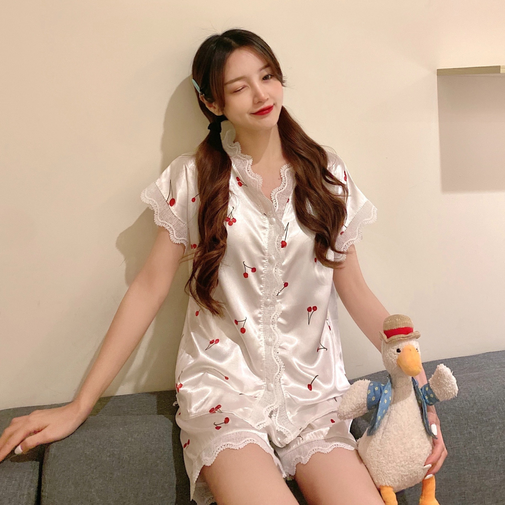 櫻桃睡衣女夏季ins風可外穿年新款冰絲v領短袖家居服學生套裝-細節圖2