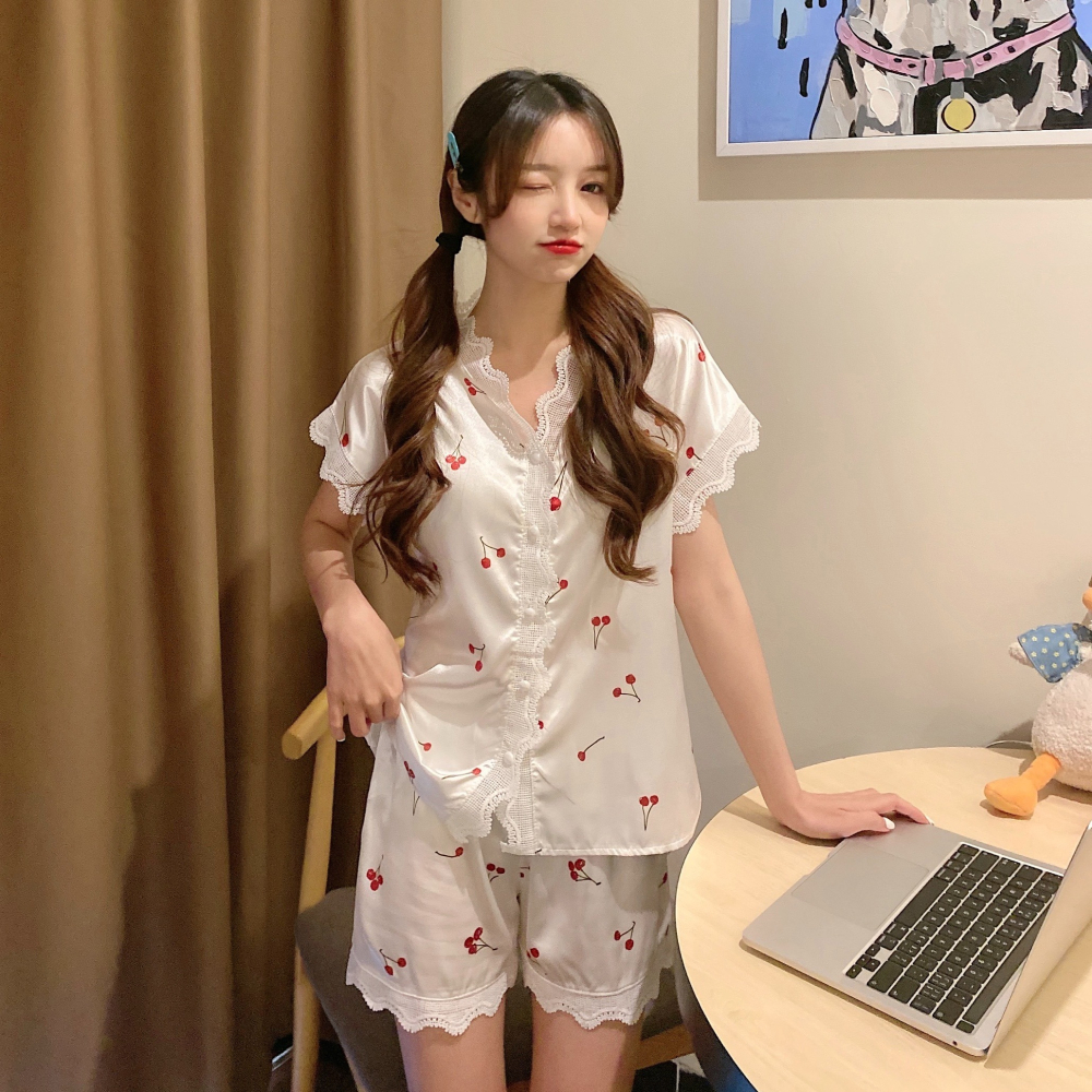 櫻桃睡衣女夏季ins風可外穿年新款冰絲v領短袖家居服學生套裝-細節圖3