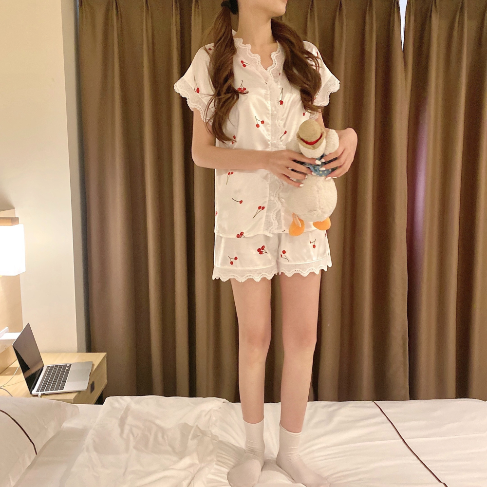 櫻桃睡衣女夏季ins風可外穿年新款冰絲v領短袖家居服學生套裝-細節圖5