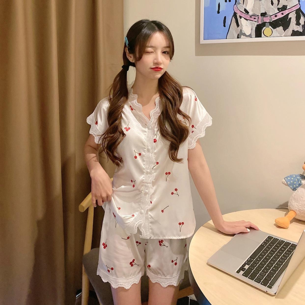 櫻桃睡衣女夏季ins風可外穿年新款冰絲v領短袖家居服學生套裝-細節圖7